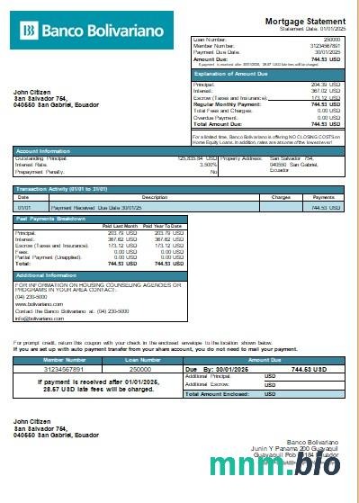 Ekwador Banco Bolivariano wyciąg z kredytu hipotecznego szablon Word i PDF